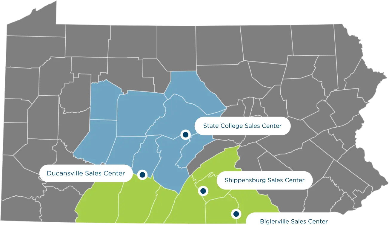 Map image of sales center locations in Duncansville, State College, Shippensburg, and Biglerville