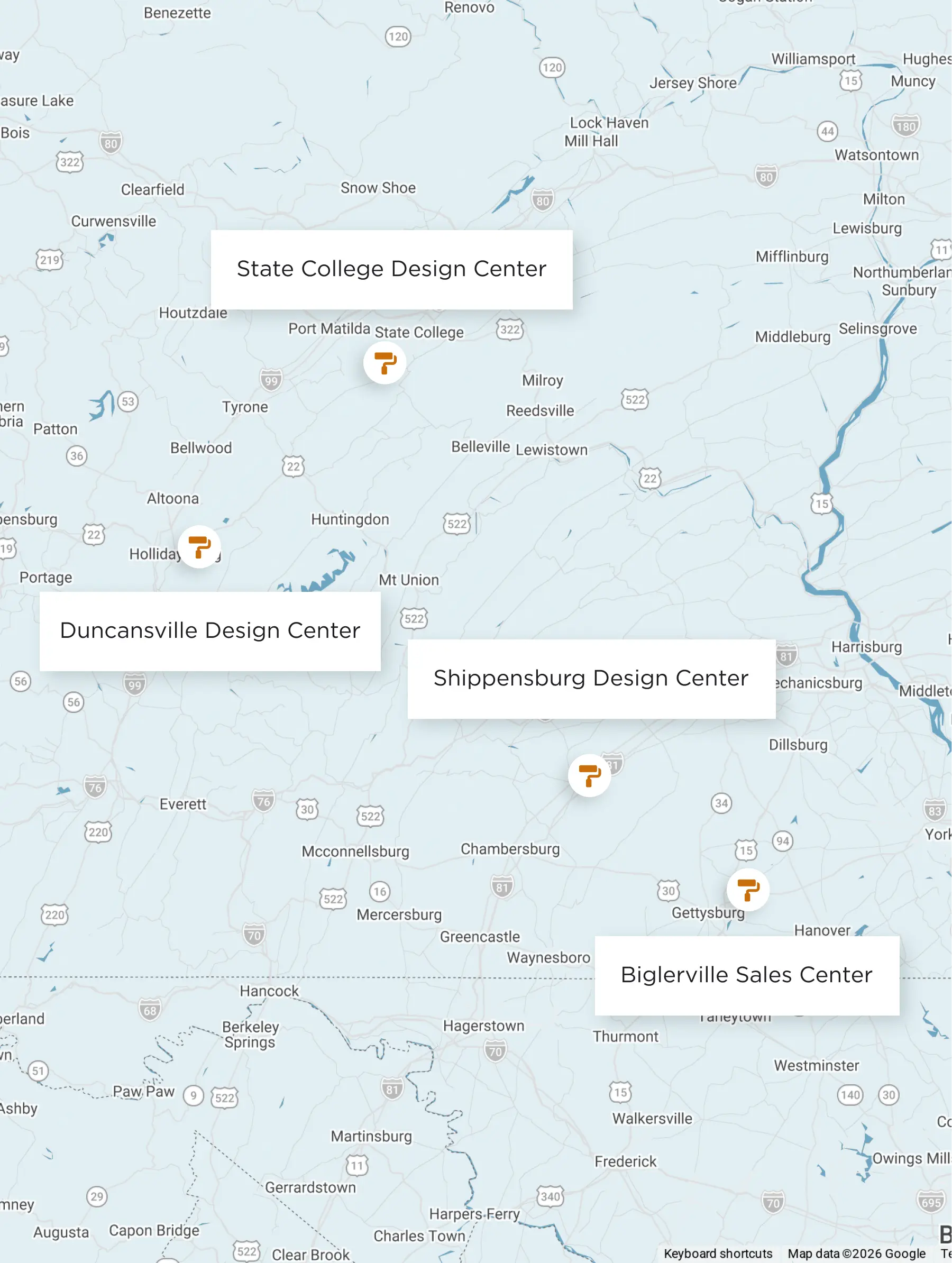 Map of S&A Design Center Locations