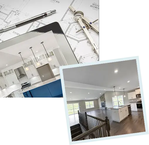 Images of personalizing a kitchen on an iPad and a zoomed-out view of a custom kitchen