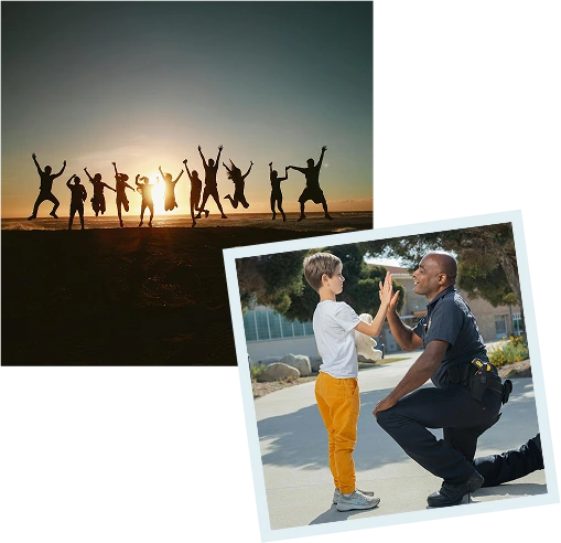 Our team members silhouette jumping at sunset along with an picture of one of our team members high-fiving a child